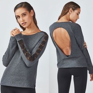 Gray Open-Back Long Sleeve Top with Lace Sleeve Detail